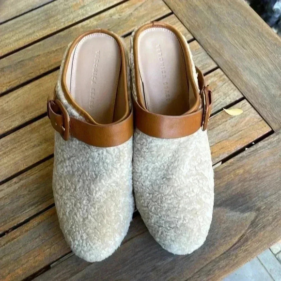Veronica Beard Cream and Brown Shearling Clogs - Picture 2 of 7